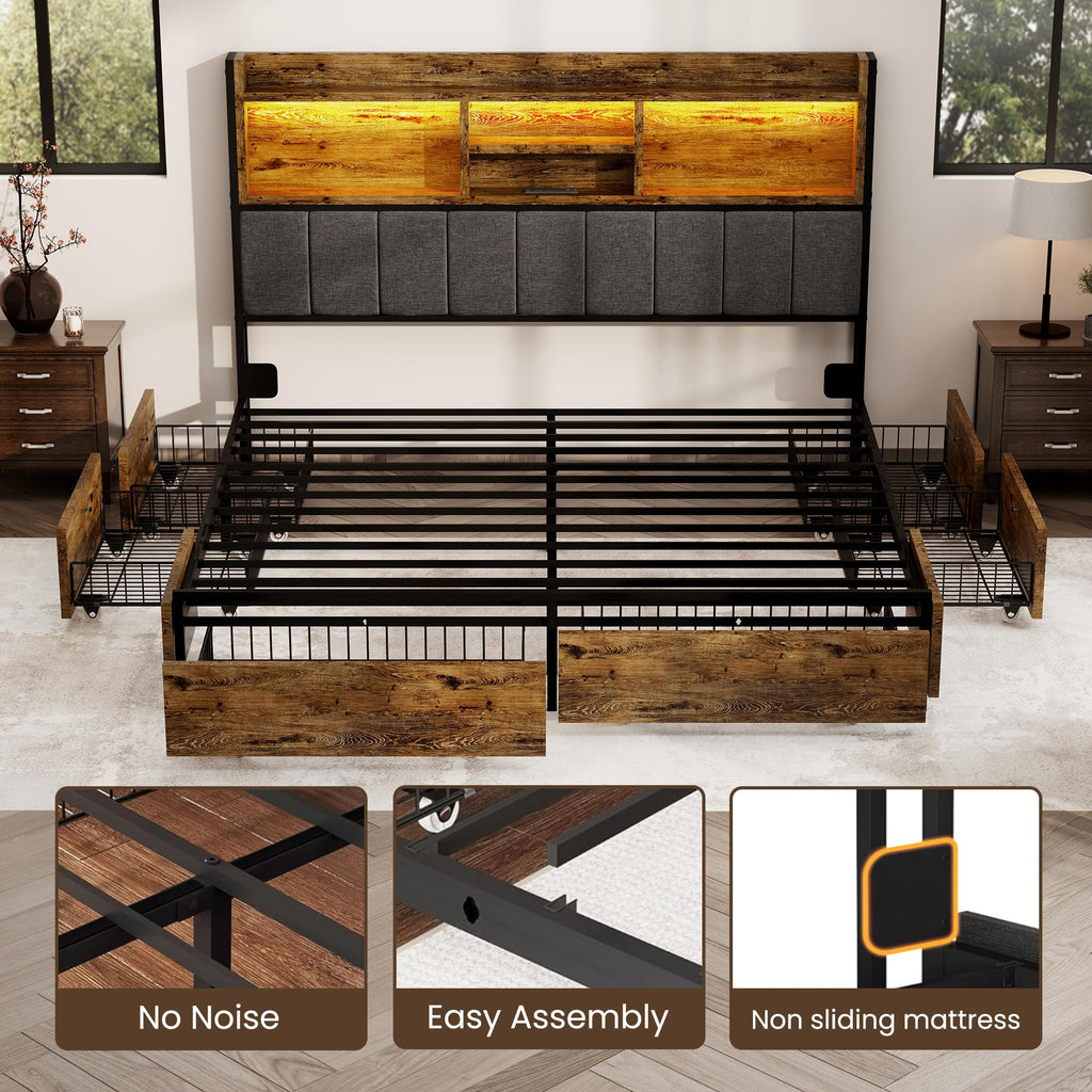 Bed Frame with 6 Storage Drawers, Linen Upholstered Headboard, Built-in USB Charging Station & LED Lighting