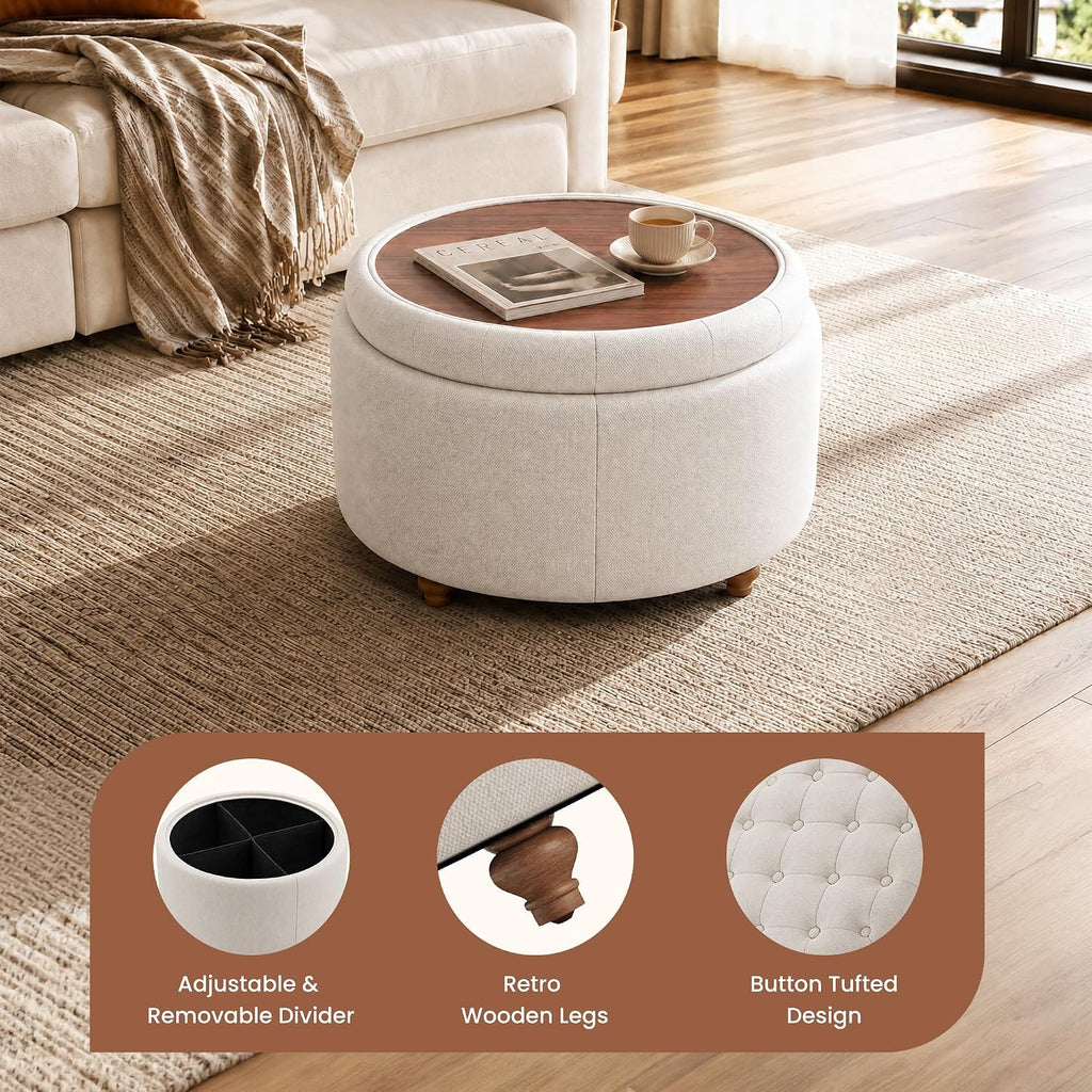 25" Round Ottoman with Storage, Small Coffee Table with Reversible Tray Lid | Tufted Fabric Round Storage Ottoman