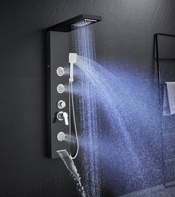 LED Shower Panel System with Massage Jets Stainless Steel Black