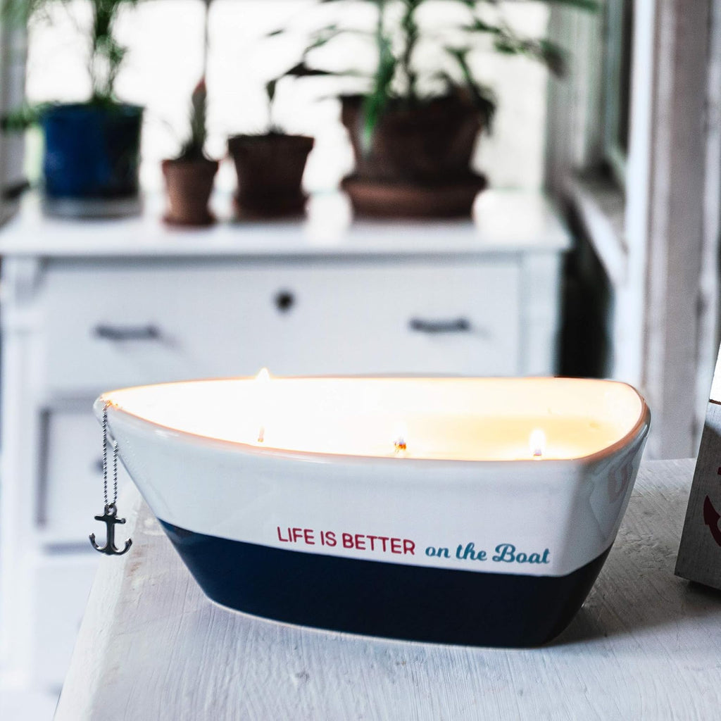 Life is Better 10 Oz Triple Wick Candle in Ceramic Boat Dish, Blue, 67770, 67770, 67770 - Set of 10