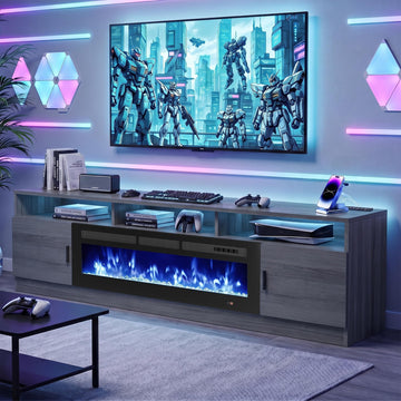 90" for TVs up to 100", Modern Entertainment Center with 36" Electric Fireplace, Built-in Power Outlet, 12-Color LED