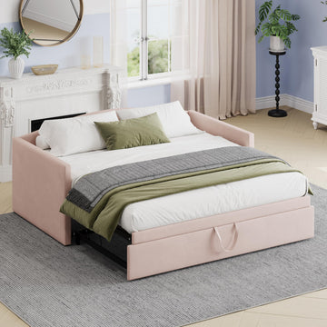 Twin Velvet Daybed with Extended Pop-Up Trundle, Pink