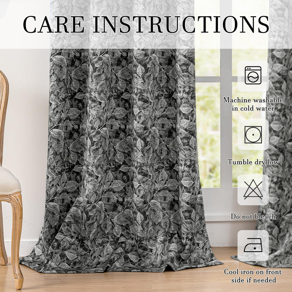 100% Black Blackout Floral Curtains 96 Inches Long 2 Panels