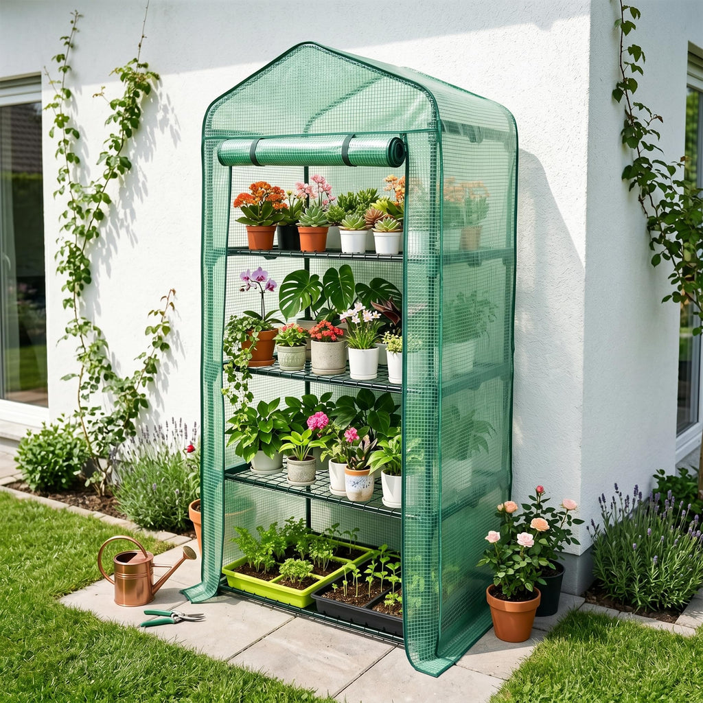 4 Tier Mini Greenhouse - 63'' H x 27'' L x 19'' W - Sturdy Portable Gardening Shelves with Durable PE Cover w
