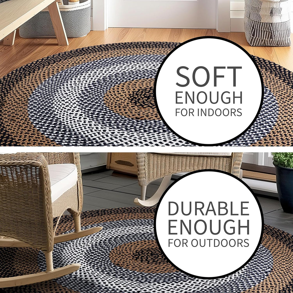 Rustic Black/Ivory/Brown Oval Braided Rug /Dining Room, Washable Outdoor Rug /Porch 6' x 9' Oval