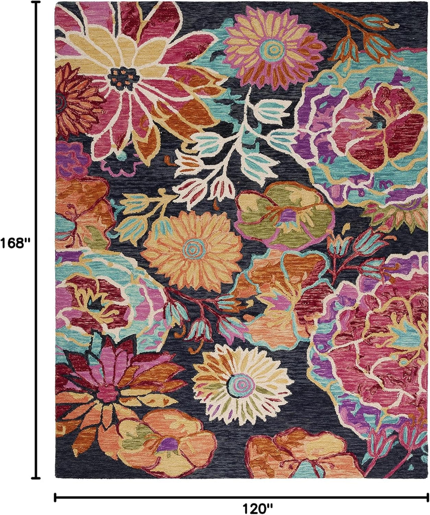 Aspen Area Rug - 10' x 14', Charcoal & Blue, Handmade Boho Floral Wool