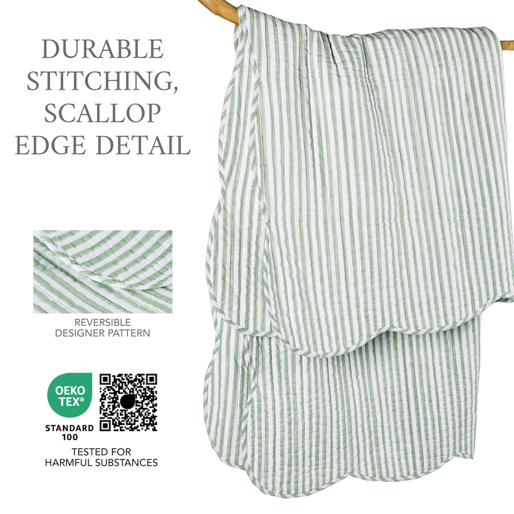 Martha Stripe Sage Quilted Reversible Throw (50x60in) - Stripe Bedding - Sage, White - Cotton Throw - Scalloped Edge