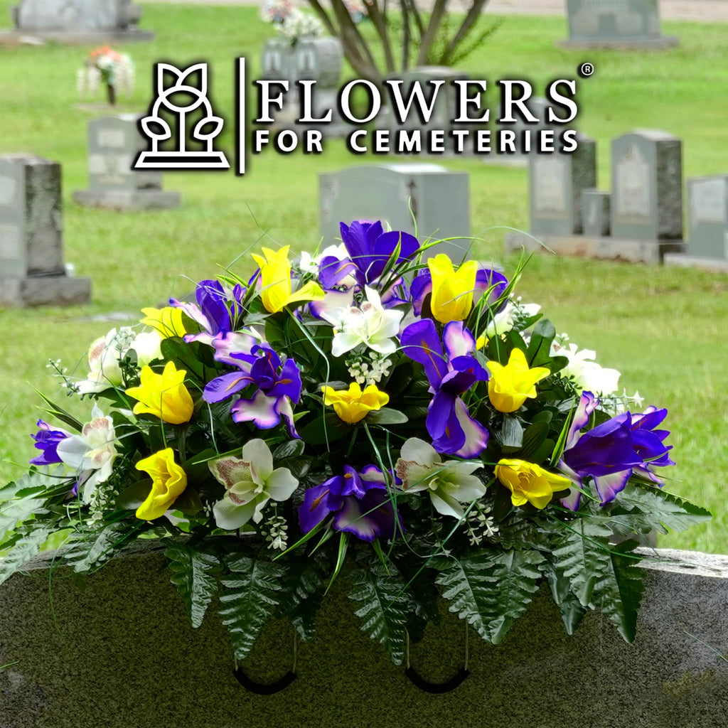 Yellow Tulip & Purple Iris Headstone Saddle