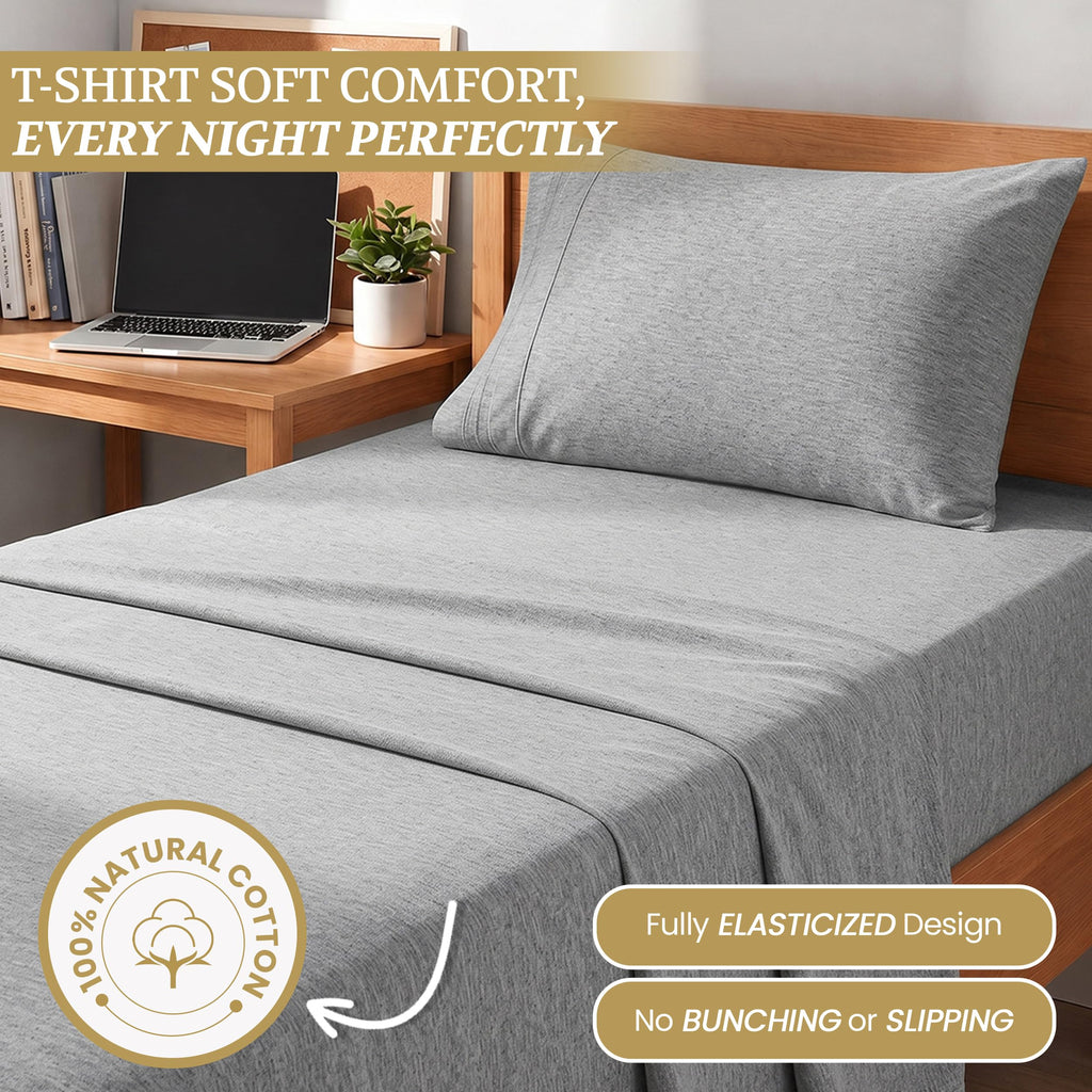 Cotton Knit Jersey Sheet Set, 15" Deep Pocket, Light Heather Grey