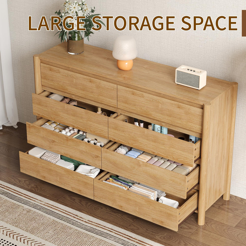 55.1" Wide Oak 8 Drawer Dresser with Solid Wood Legs