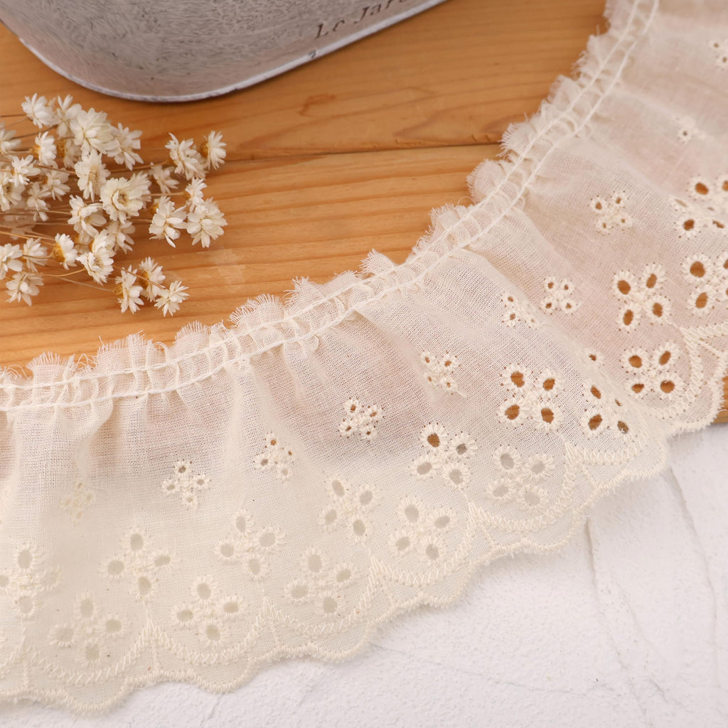 4 Yards Ruffle Trim Eyelet Embroidered Cotton Pleated Lace Trim 2.36" Wide (Beige)