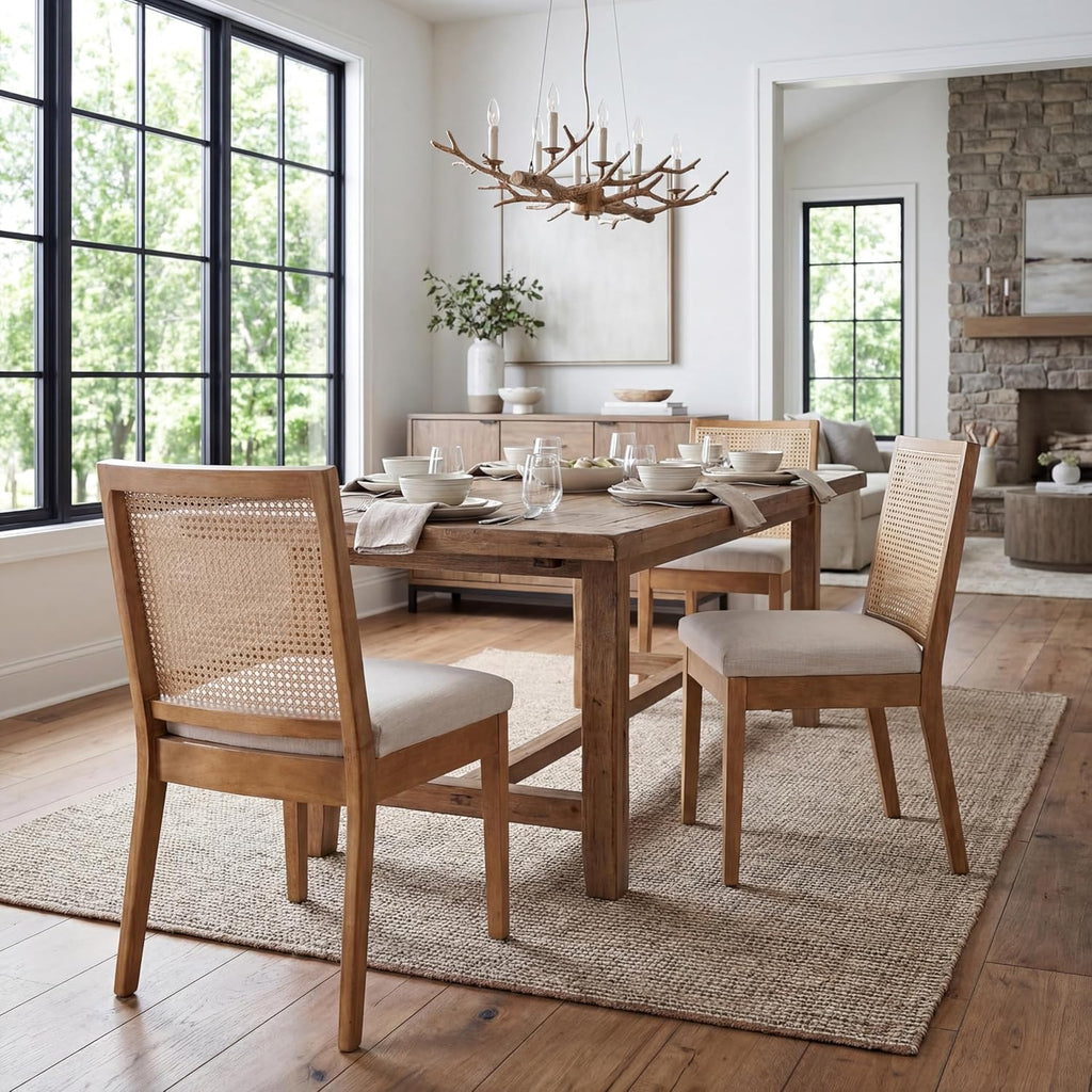Farmhouse Rattan Dining Chairs Set of 2, Linen Upholstered Kitchen Chairs with Cane Back and Wood Legs for Dining Room or Living Room, Cream