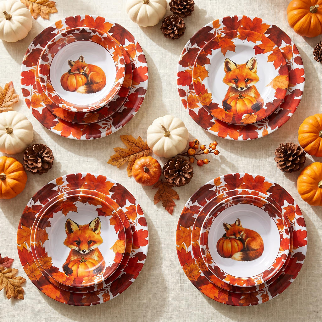 Melamine Dinnerware Set 12Pcs,Melamine Plates and Bowls Fall Fox