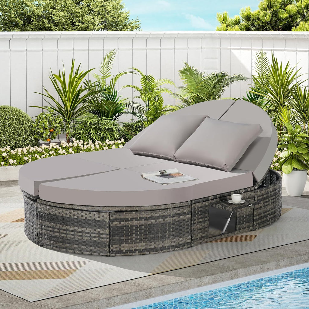 Outdoor Patio Round Daybed, Sun Bed with Adjustable Backrests and Foldable Cup Trays, Reclining Outdoor Lounger