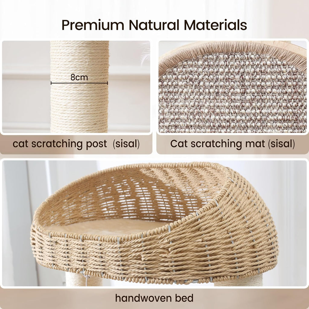 59-inch Cat Tree, Cat Tower with Scratching Post, Extra Long Sisal Blanket, Handwoven Basket & Space Capsule Nest