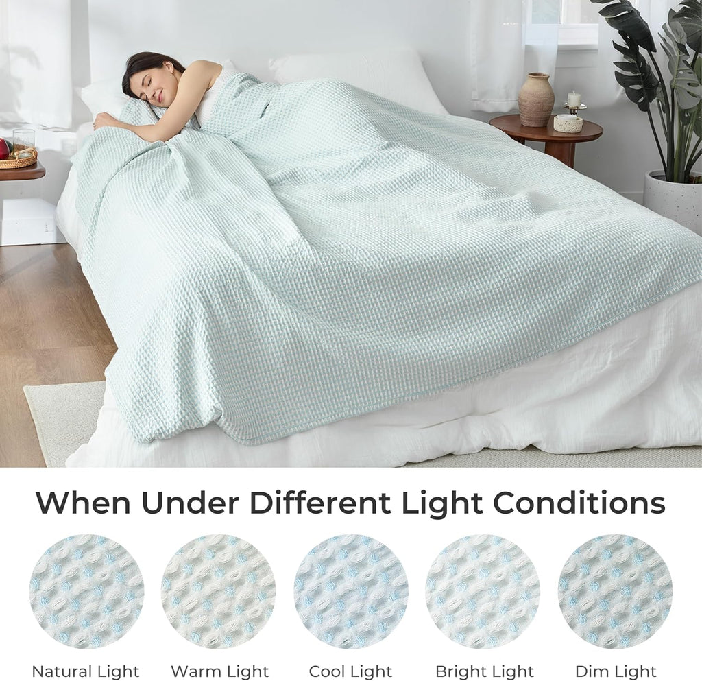 Lightweight Cotton Waffle Throw Blanket, Modern Two-Tone Check Pattern, Soft & Breathable, All Seasons - Light