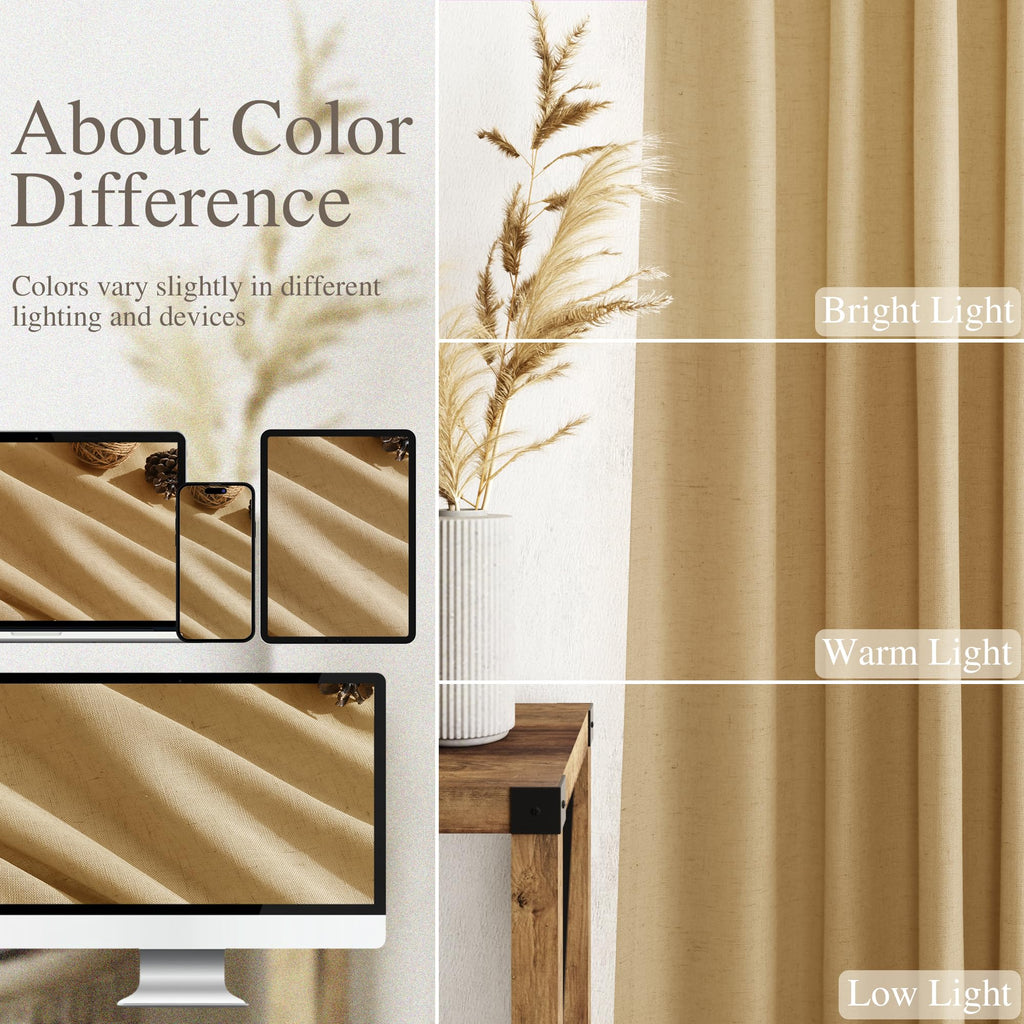 Extra Long Gold Yellow Linen Curtains 120 Inch 2 Panels Set Rod Pocket Back Tab Linen Window Drapes Semi Sheer Light
