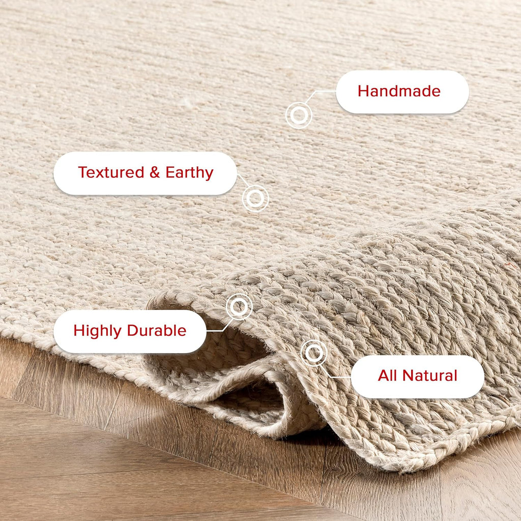 9x12 Rigo Jute Hand Woven Area Rug, Off White, Solid Farmhouse Design, Natural Fiber
