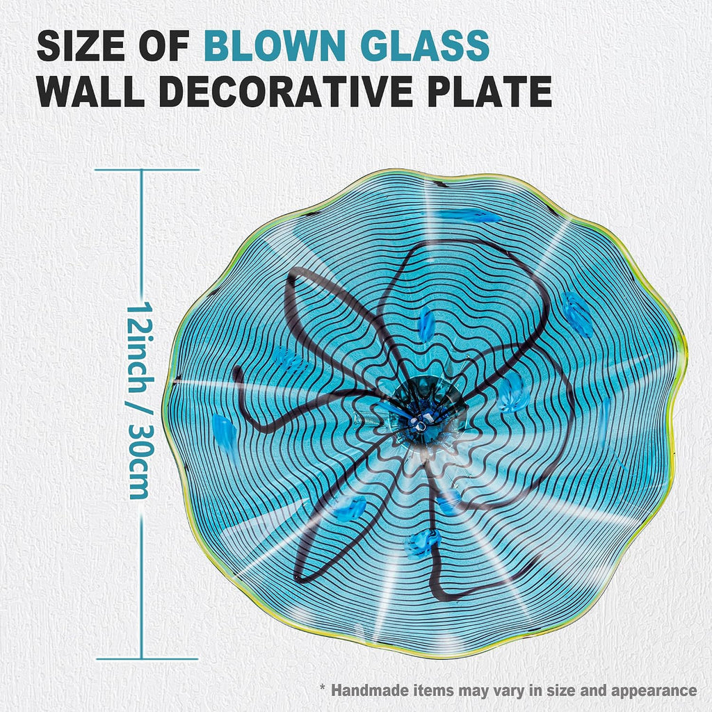Blue Hand Blown Art Glass Wall Decor, Modern Blown Glass Wall Art, Wall Decoration Platters, Staircase, Living Room