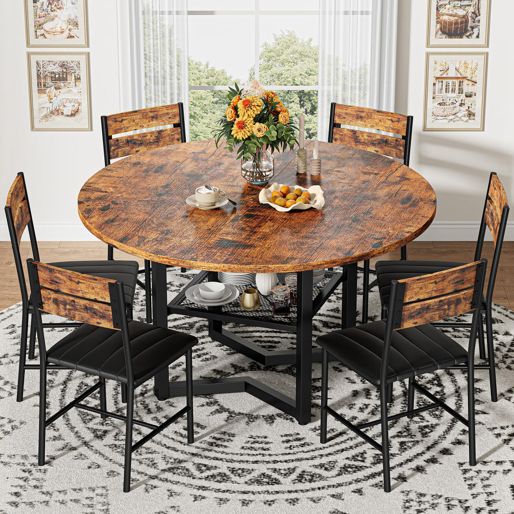 Round Dining Table Set for 6, Rustic Brown