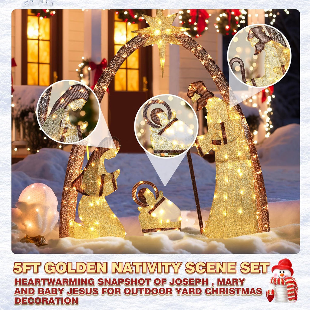 5FT Lighted Nativity Scene Set with 170 LED Lights for Christmas Decoration, Pre-Lit Iridescent Nativity Scene Xmas