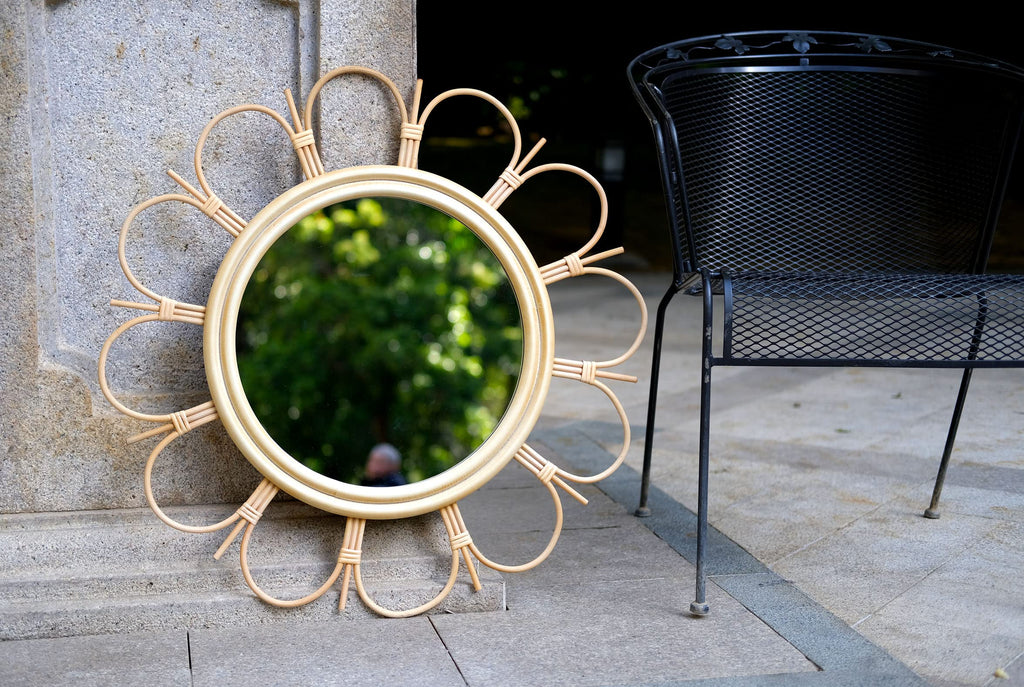 27" Handmade Farmhouse Large Rattan Round Mirror Hallway