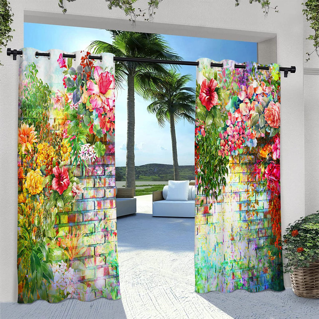 Outdoor Curtains Waterproof Grommet Top Light Filtering Drapes Abstract Watercolor Painting Flower Print Pattern