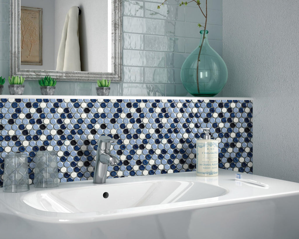 Penny Round Tile Navy Blue White Mosaic Tiles Wall Backsplash, Bathroom Floor, Accent Wall (Case of 5)