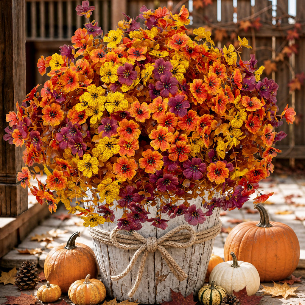 Artificial Fall Flowers Outdoor Fake Mums Brown Orange Yellow