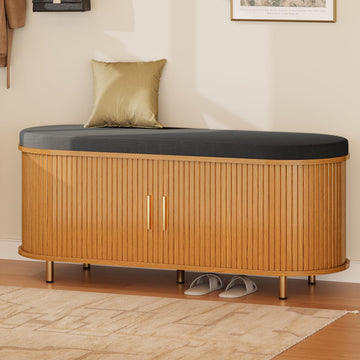 2-Tier Storage Bench, Wide Shoe Bench with Thickened Padded Seat Cushion, Mid Century Modern Fluted Sliding Door and