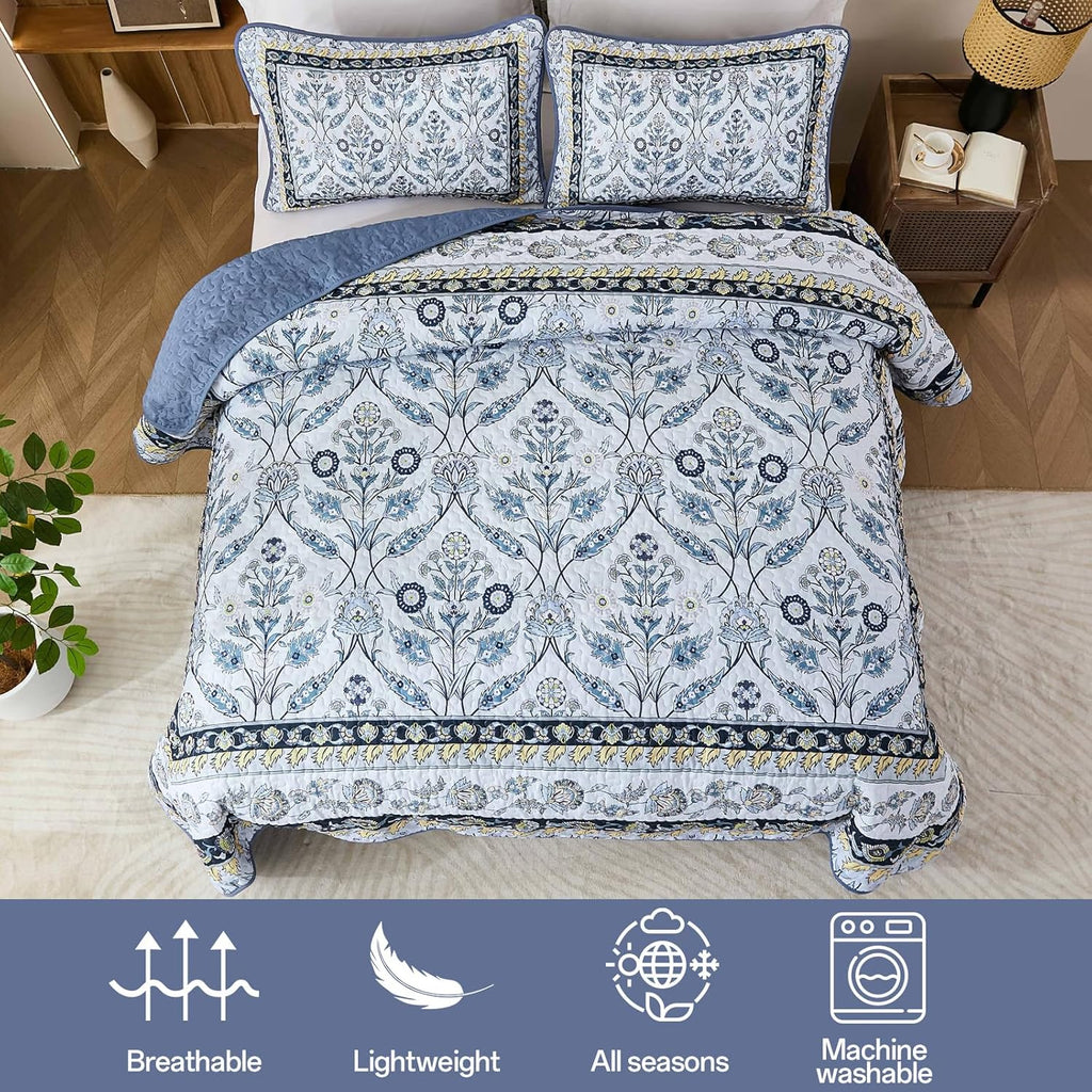 Queen Quilt Sets, Navy Blue Floral Quilt Set Queen 3 Pieces Boho Bedspread Coverlet Set with 2 Pillowcases Soft
