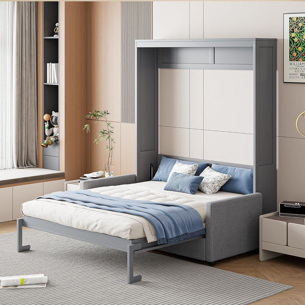 Murphy Bed Full Wall Bed with Sofa,can be Folded,Multifunctional Wood Hideaway Cabinet Bed Frame,Slat Support,Save