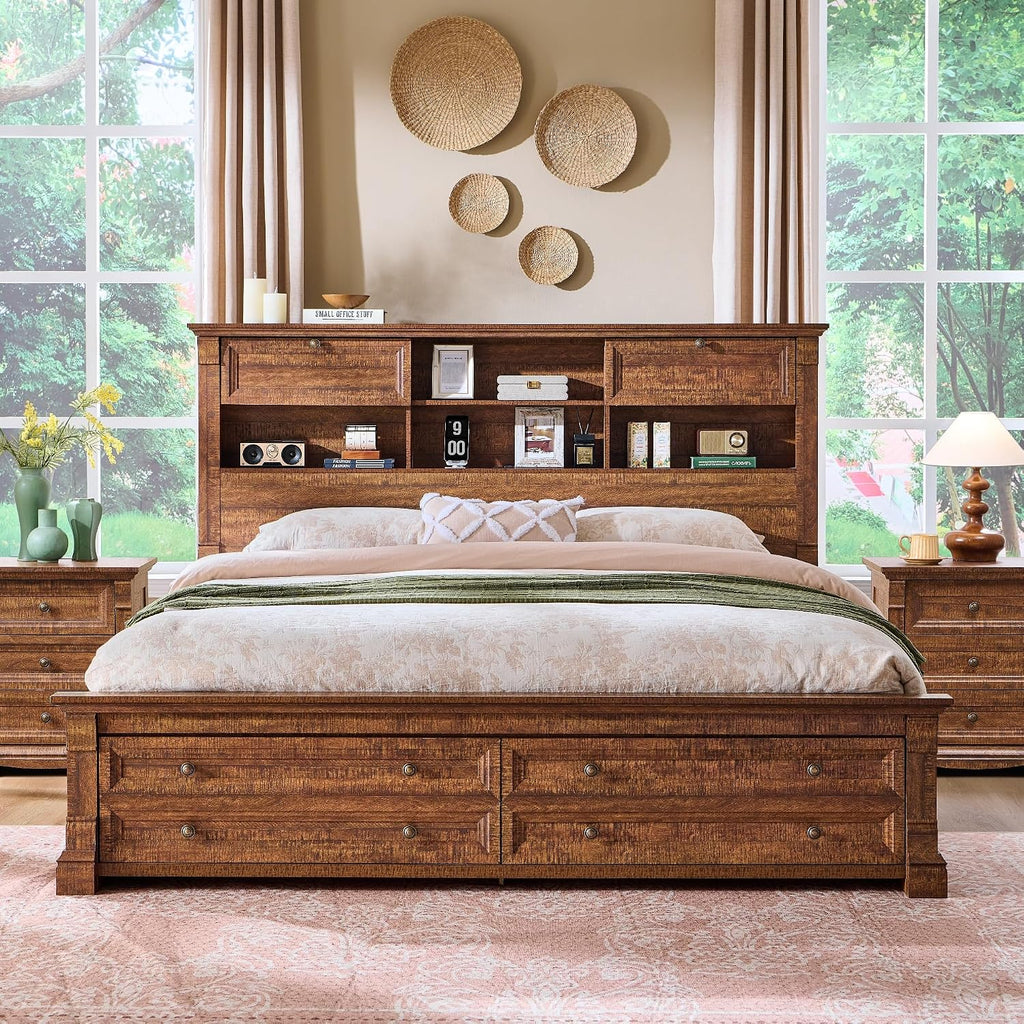 Farmhouse Queen Bed Frame with 54" Tall Storage Bookcase Headboard, Wood Platform Bed Frame with 18" Tall Roman