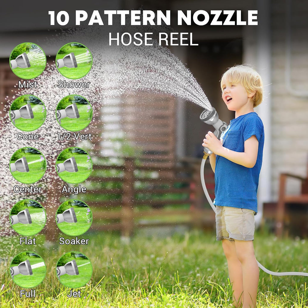 Retractable Garden Hose Reel, 1/2" x 100ft Wall Mount Heavy Duty Automatic Hose Reel with 10 Pattern Nozzle, Any