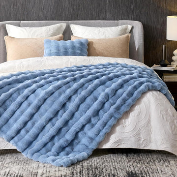 Faux Fur Bubble Throw for Couch, Fuzzy Soft Plush Thick Blanket for Sofa Bedroom Living Room, 60x80 Inches Misty Blue