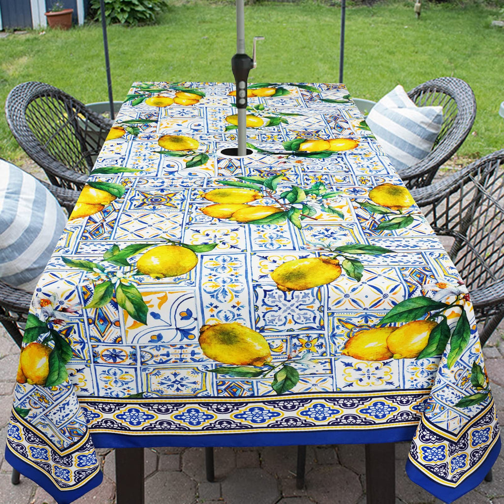 Blue Outdoor Tablecloth with Umbrella Hole for Rectangle Table, Waterproof Lemon Patio Table Cloth with Zipper - 60 x