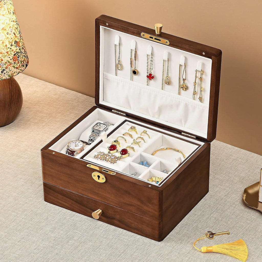 Black Walnut Jewelry Box for Women, 3 Layer Top Lock Wooden Organizer Case