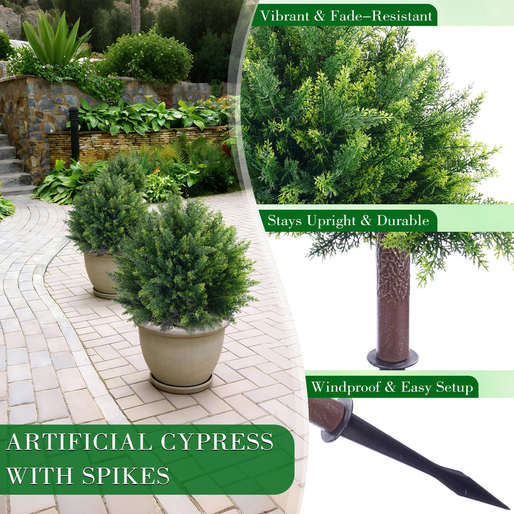 27.6'' Artificial Cedar Topiary Ball Trees (2 Pack), UV Resistant Faux Evergreen Shrubs with Ground Spikes, Realistic