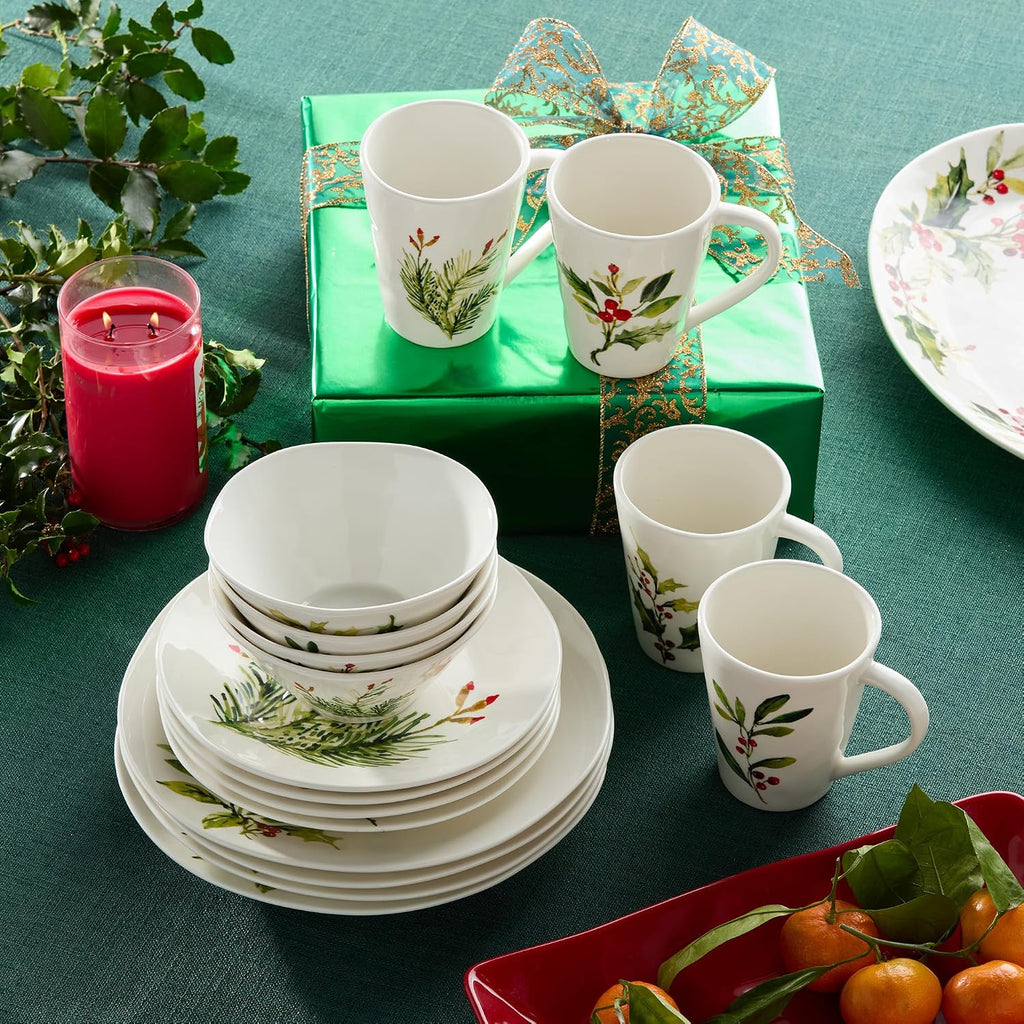 Holly and Vines Christmas Dinnerware Set - Piece Stoneware Service for 4 with Artist-Designed Holiday Plates, Mugs