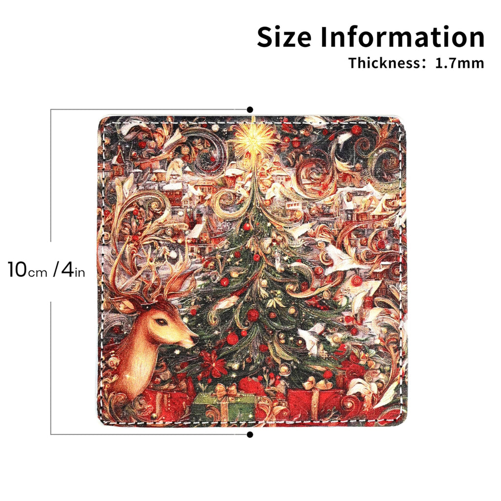 Christmas Coasters Square Leather Drinks Coaster Set with Holder for Coffee Table Bar Home Decor 4 Inches Set of 6