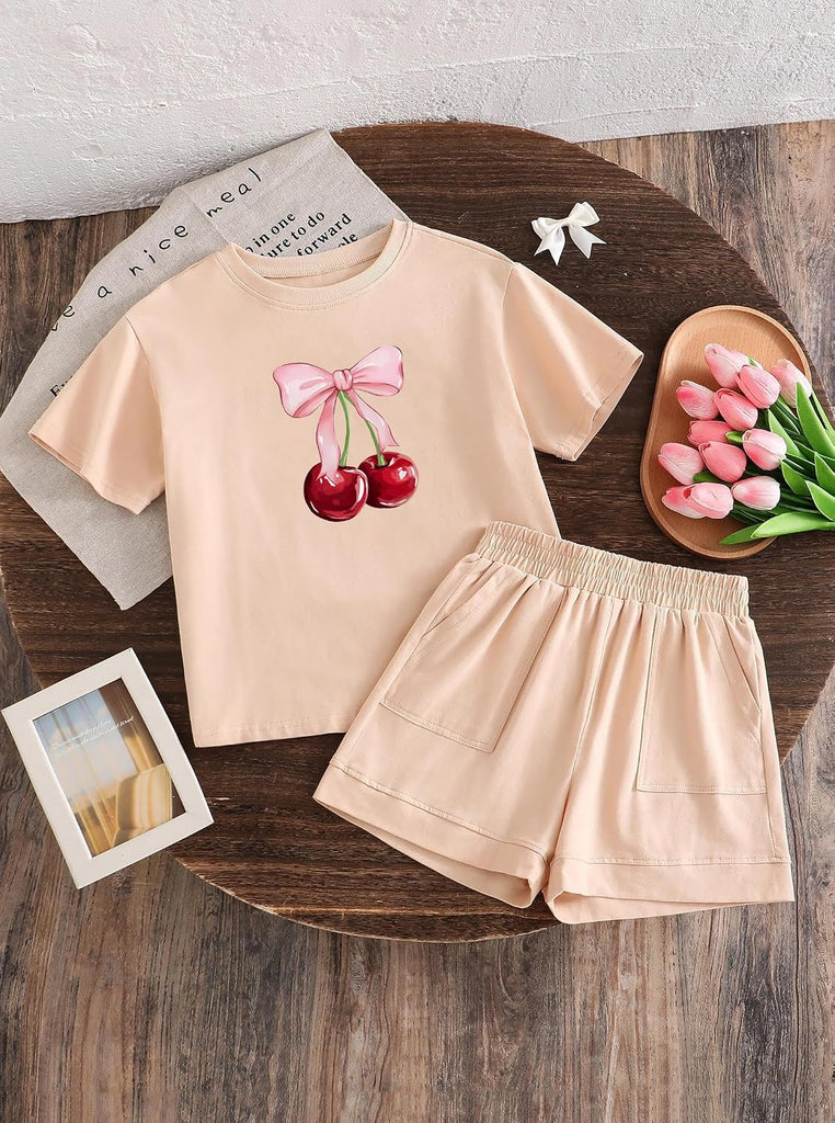 Girls 2 Piece Summer Outifts Graphic Short Sleeve Tops and Elastic Waist Shorts Set with Pocket