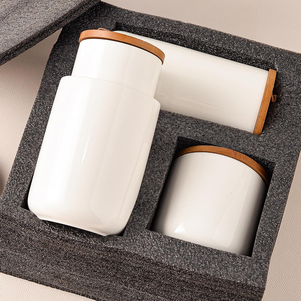 White Ceramic Canister Set with Bamboo Lids, 4-Piece Airtight Food Storage Jars - Flour, Sugar, Coffee, Tea, Spice - Set of 4