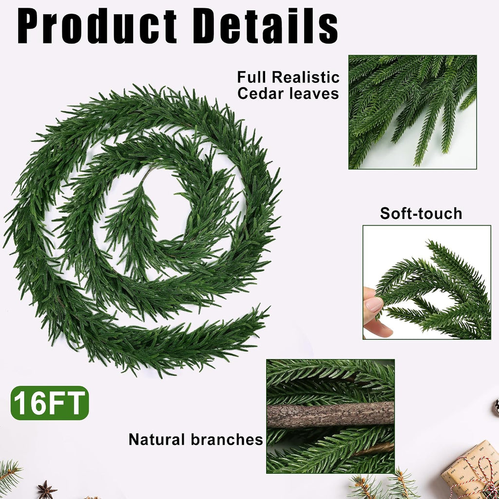 16FT Realistic Christmas Garland Pine Garland Real Touch Green Artificial Greenery Garland Artificial Pine