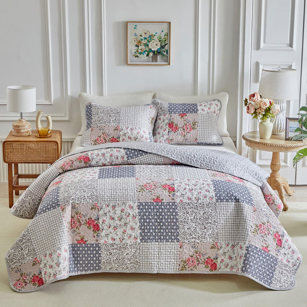 Floral Cotton Quilt Set, Neutral Flowers Grid Patchwork Design, 2 Pieces Quilt Bedding Set, Farmhouse