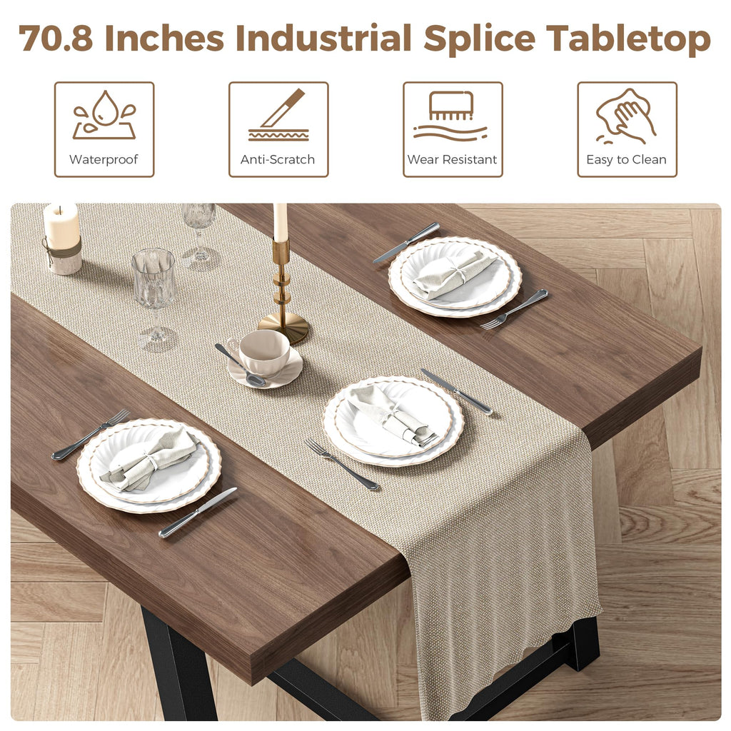 71" Dining Table for 6-8 People, Industrial Kitchen Table with Sturdy Metal Frame, Rectangular Brown Wood Dinner Table