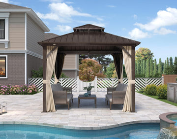 10’ X 10’ Outdoor Hardtop Gazebo Metal Frame Galvanized Steel Double Roof with Curtains and Nettings for Patio Desk