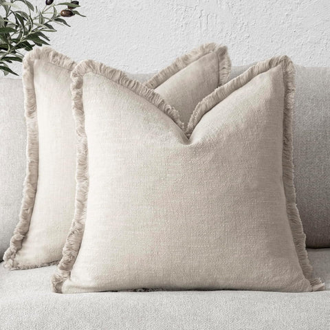 Set of 2 Decorative Linen Fringe Throw Pillow Covers Cozy Boho Farmhouse Cushion Cover with Tassels Soft Accent