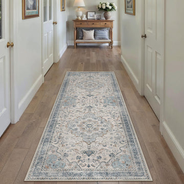 Blue Runner Rug 2.6x8 Entryway Vintage Floral Non-Slip Carpet