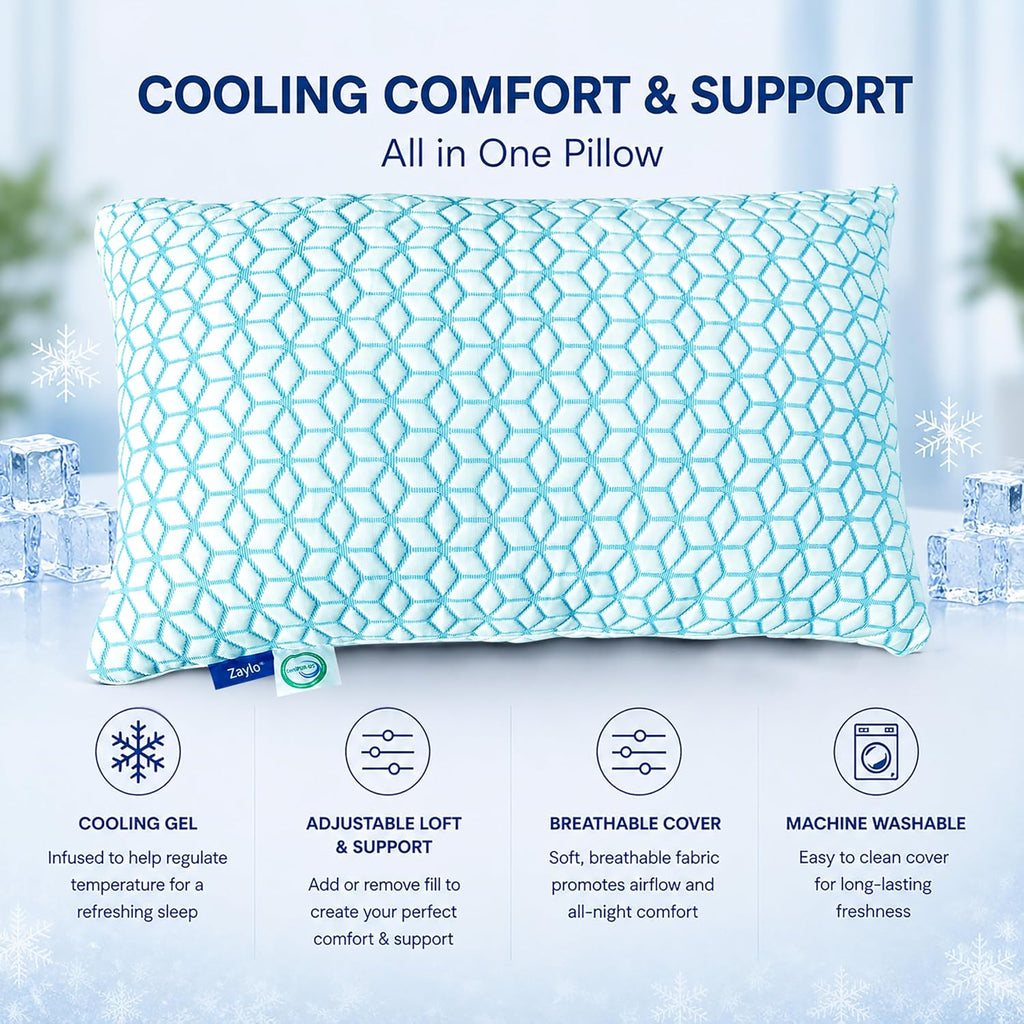 Cooling Bamboo Shredded Gel Memory Foam Pillow, CertiPUR-US Certified, Adjustable Height & Firmness, Bed Pillow for
