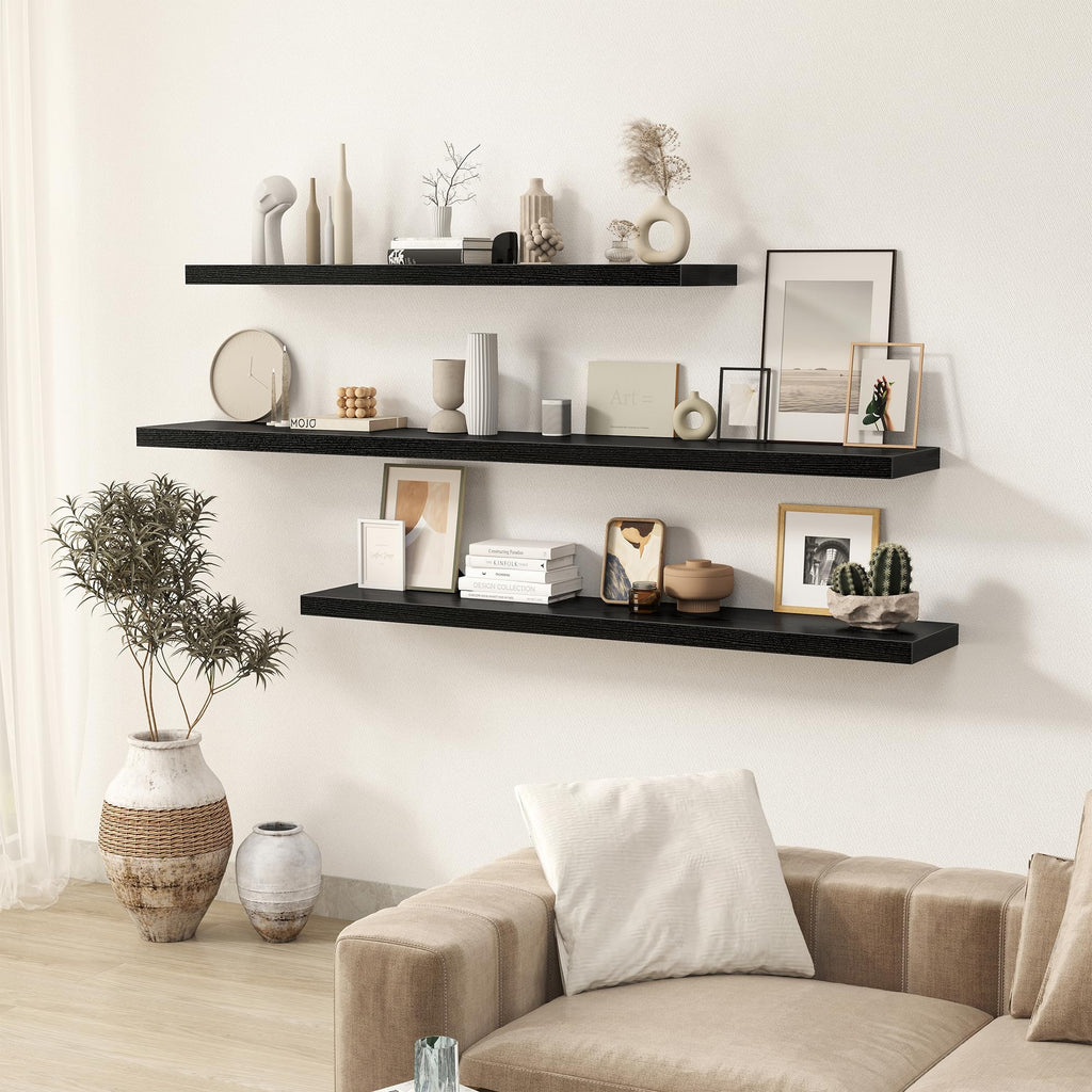 Black Floating Shelves Wall Shelf 48 Inch, 9.3 Inch Deep Floating Shelf for Wall, Farmhouse Black Wood Shelves